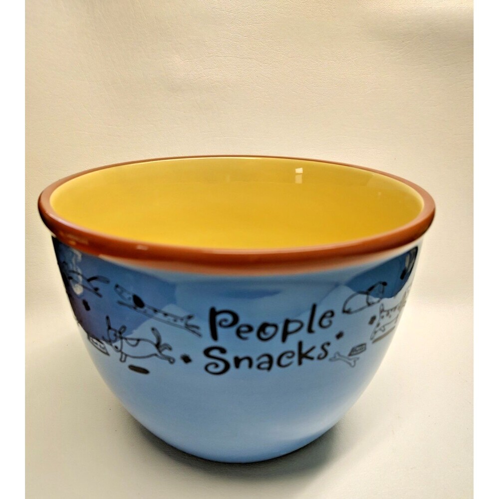 Vintage Hallmark Pottery Bowl PEOPLE SNACKS Blue Yellow Dogs & Cats 6" T x 8" W